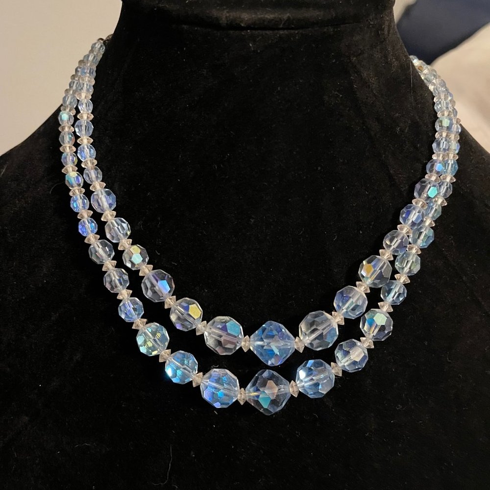 Vintage 1950's / Mid-Century 2-strand crystal necklace in pale sky blue!